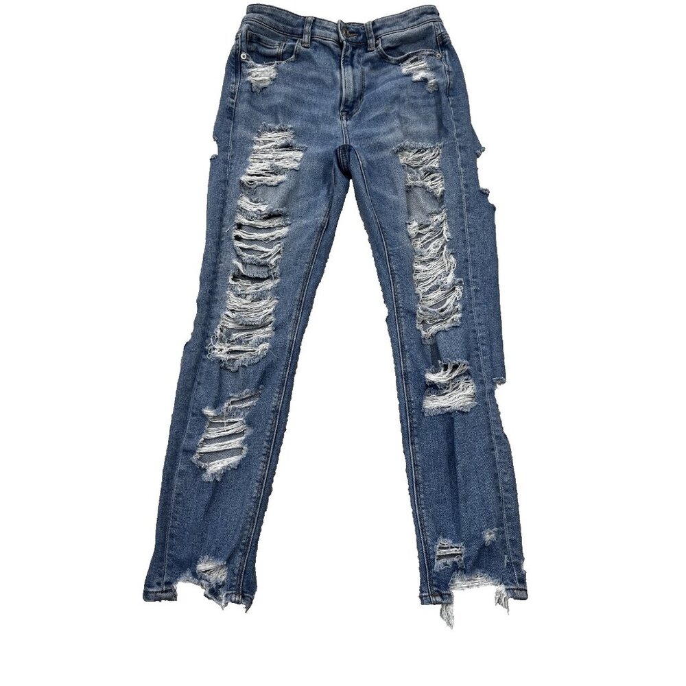 Women's American Eagle Light Wash Distressed Destroyed Denim Mom Jeans Size 4